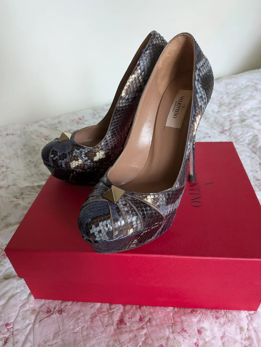 Valentino Brown Snakeskin Platform Pump with Gold Stud